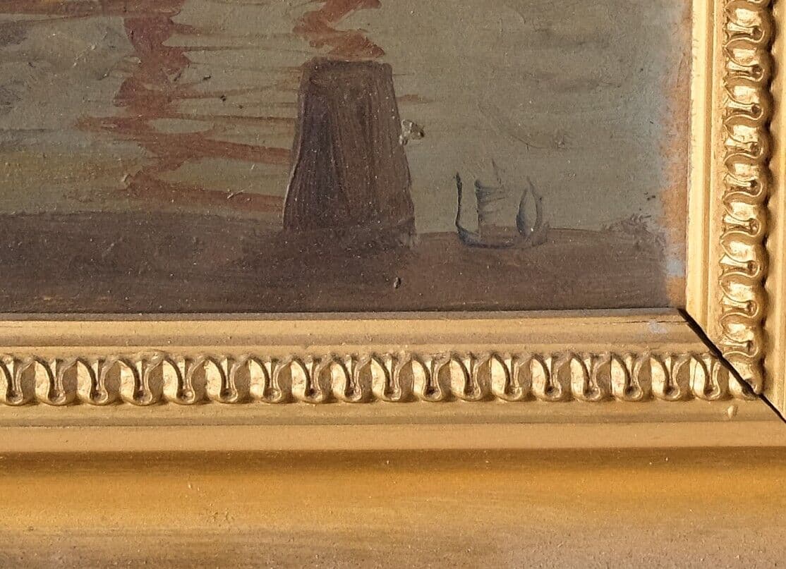 Antique Painting Original Old Maritime Landscape Boats Signed image 7