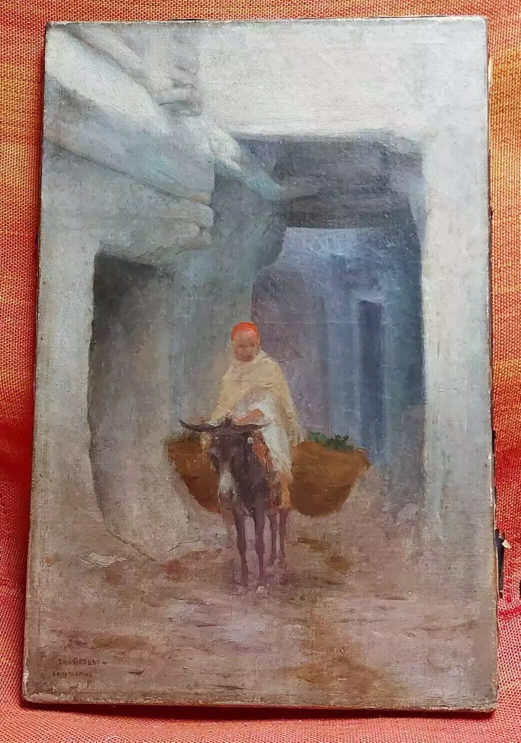 Antique Painting Original Oil Orientalist Signed Charles GODEBY Man, Donkey image 6