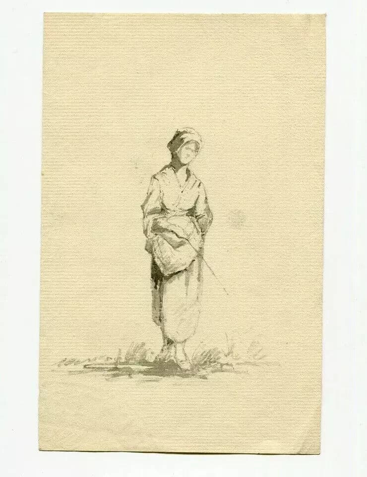 Antique Ink Original Drawing 19th century Farmer, Woman, Costume, Hat image 5