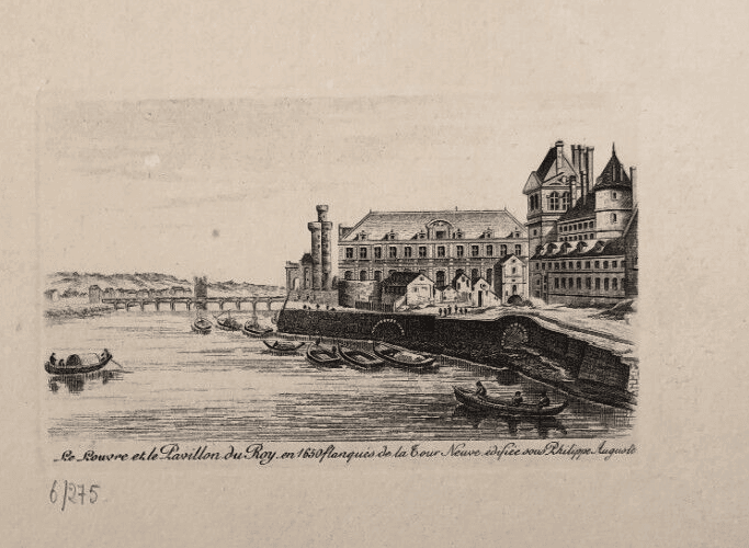 Antique Etching Original Landscape, Louvre, Pavillon le Roy, Tour Neuve