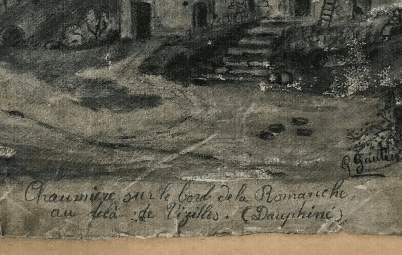 Antique Charcoal Drawing signed Gautier Thatched Cottage, Romanche, Vizilles image 5