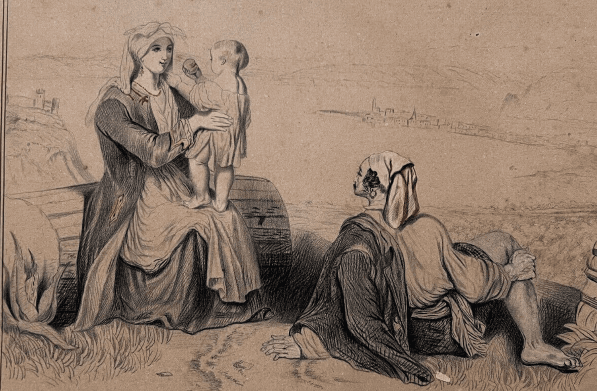 Vintage Original Antique Drawing 19th century People, Kids image 1