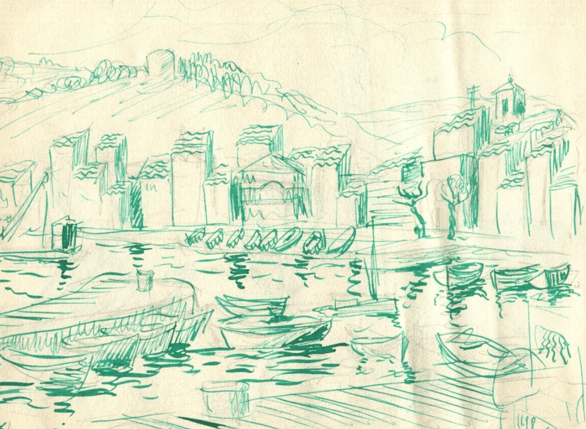 Vintage Ink Drawing Maritime Village by Sea Landscape and Boats c. 1929 image 1