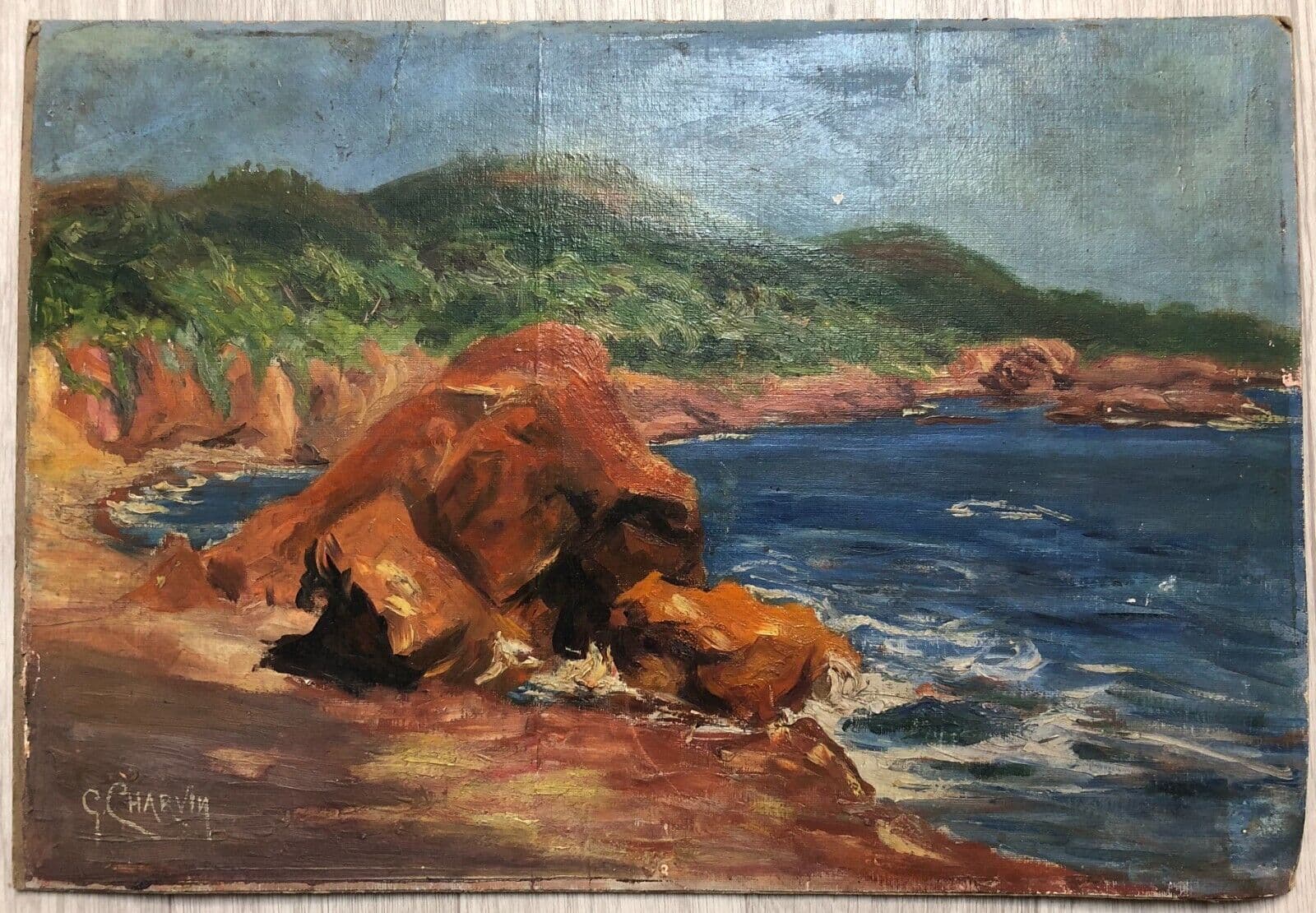 Antique Oil Painting Seascape Landscape Maritime View, Rocks signed image 2