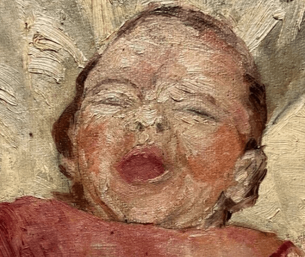 Vintage Oil Original Painting signed Baby Portrait Crying image 3