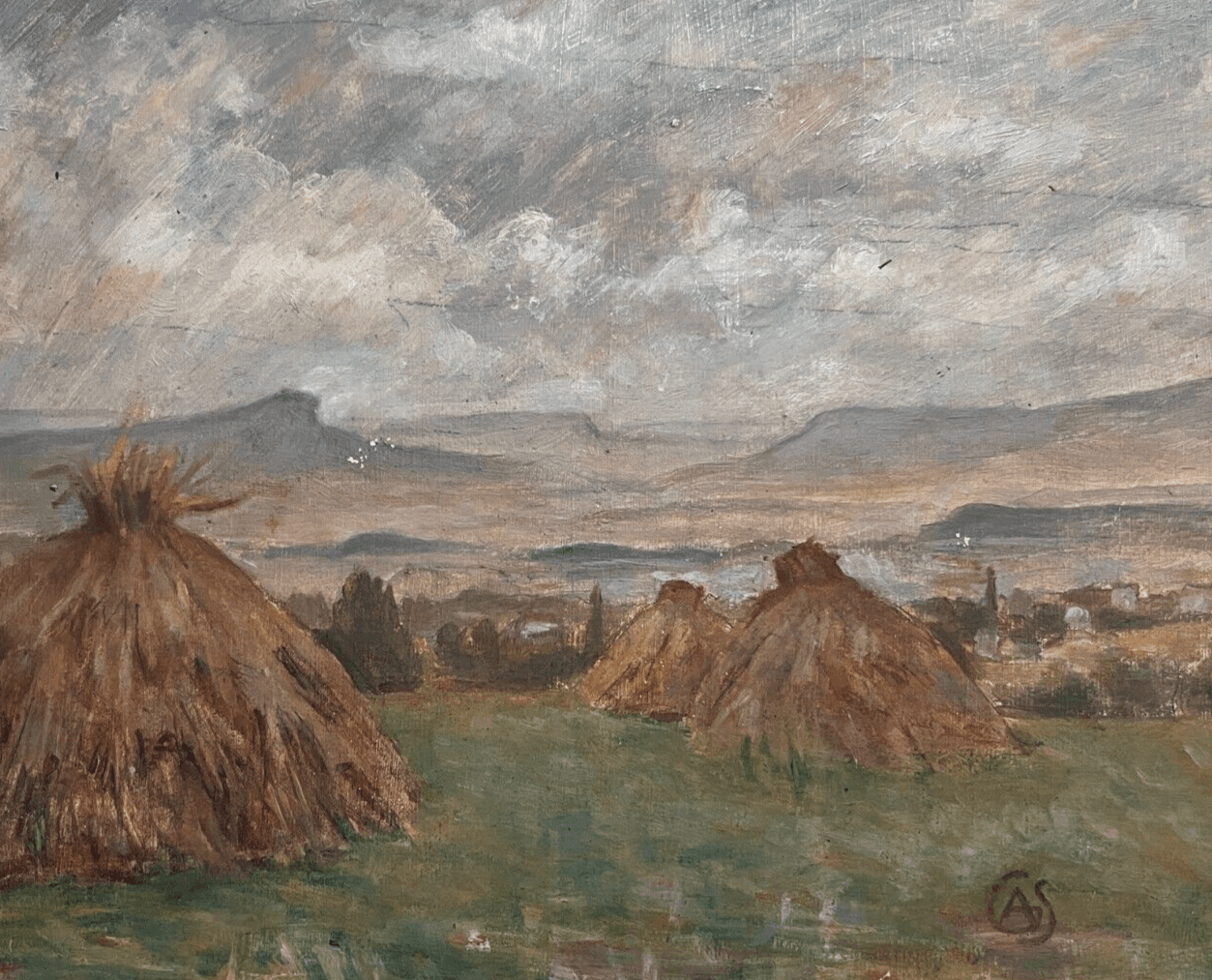 Antique Original Painting Landscape, Fields, Hay, Grass, Mountain signed image 1