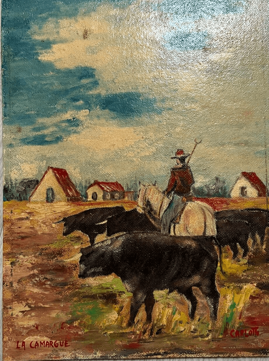 Modern Painting Signed Jean Albert CARLOTTI (1909-2003) Camargue Bulls Landscape image 1