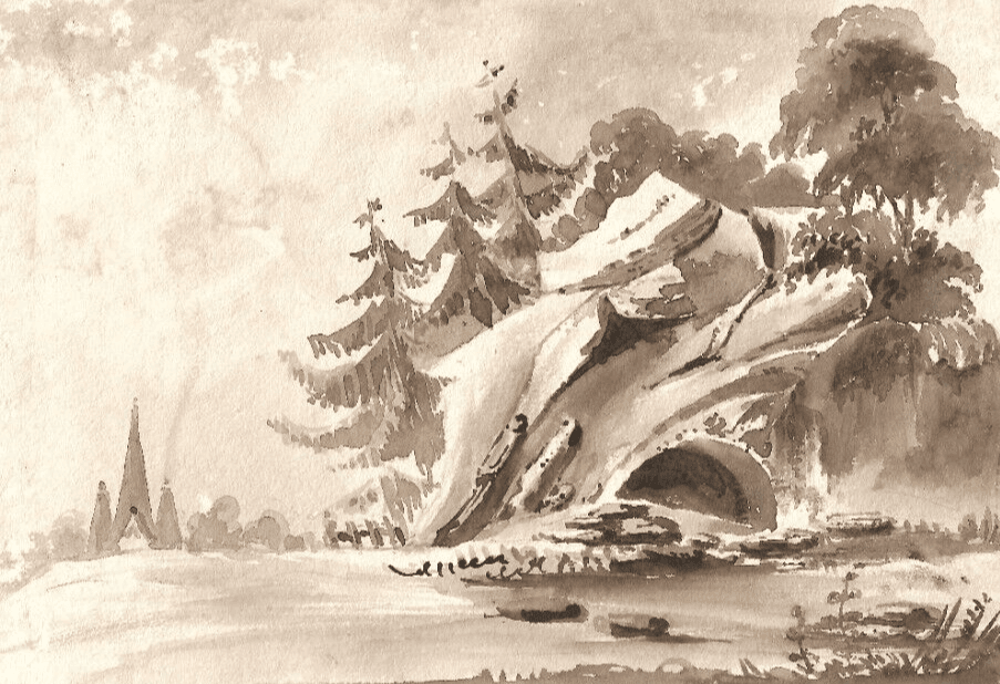 Antique Ink Original Drawing 19th century Cave, Landscape, Tree, Forest image 1