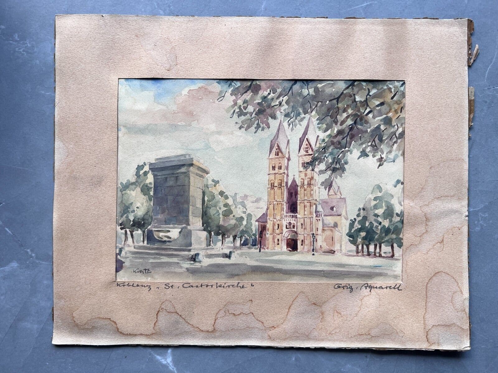 Antique Drawing Koblenzhurch Cityview Landscape signed image 2