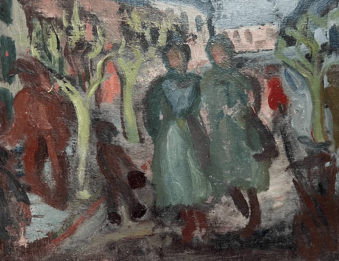 Antique Original Painting People, Cityview, Life Scene, Buildings c. 1920 image 1