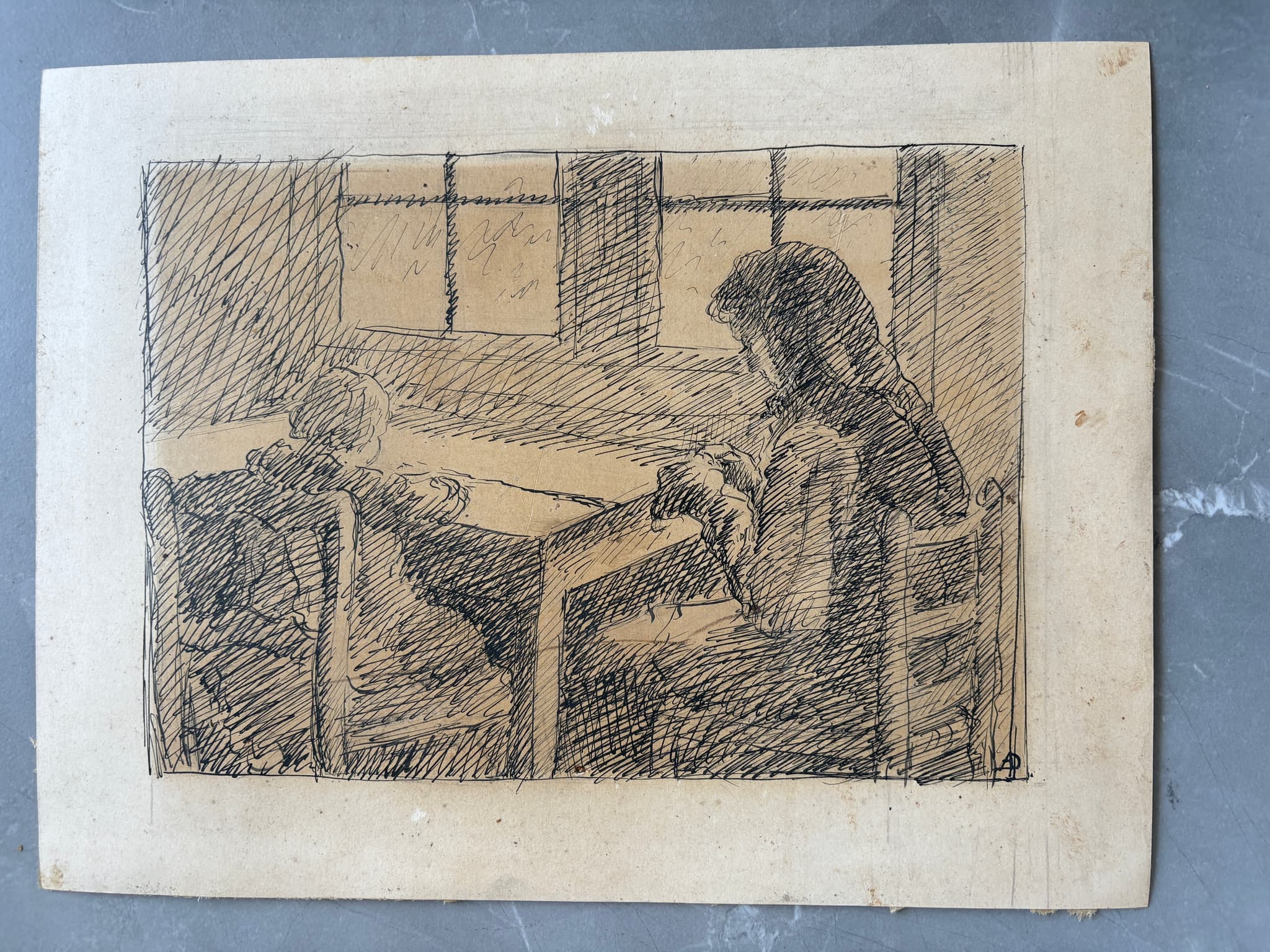 Vintage Original Old Drawing People, Kids, Child Teaching Lesson image 1