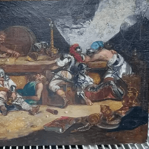 Antique Original Painting Old 19th Century Buffet Scene with Figures Drinking image 3