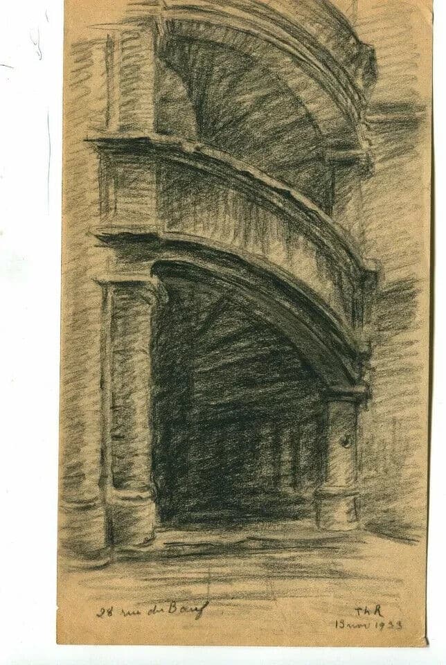 Vintage Pencil Drawing signed Architecture Staircase Fontainebleau Landscape image 2