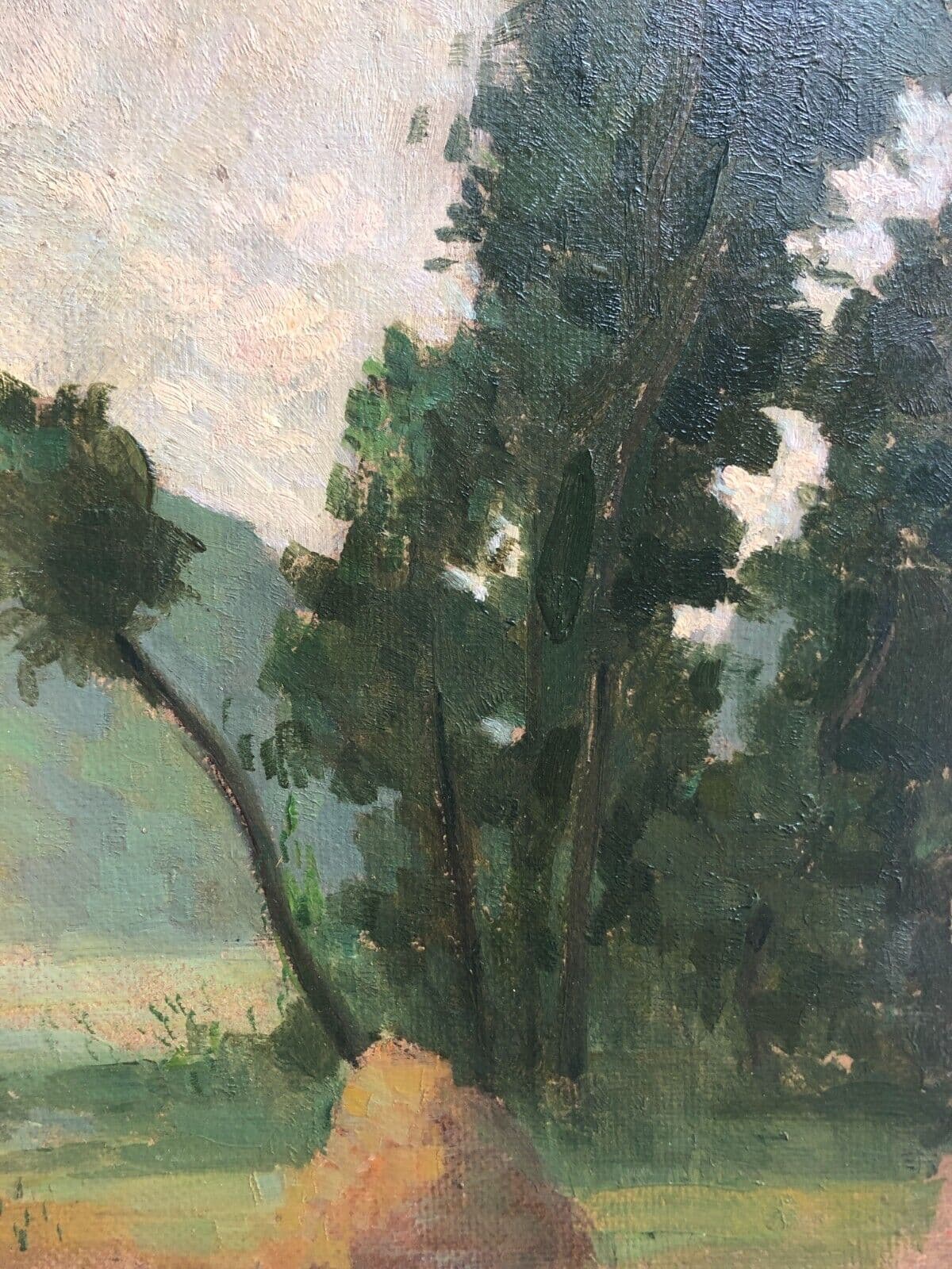 Antique Painting Original Landscape, Tree near a Pile of Hay 1905