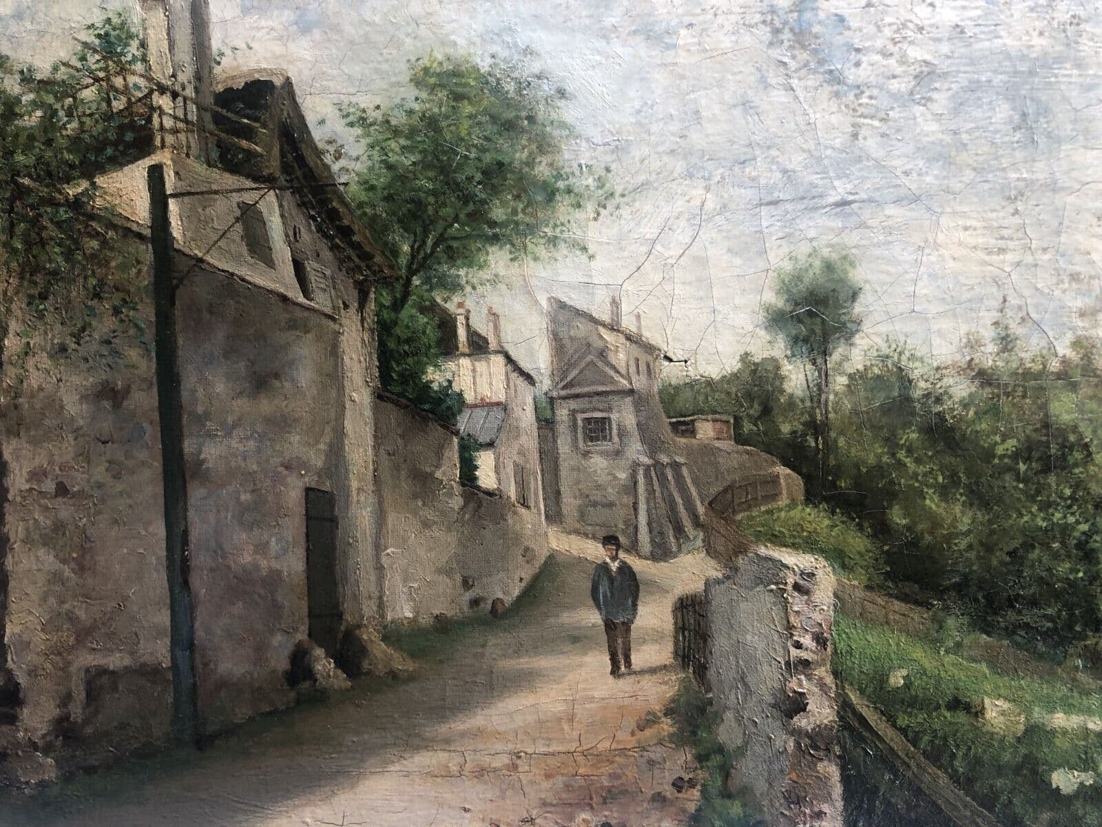 Antique Painting Original Landscape, People, Cityview, House signed 19th century image 1