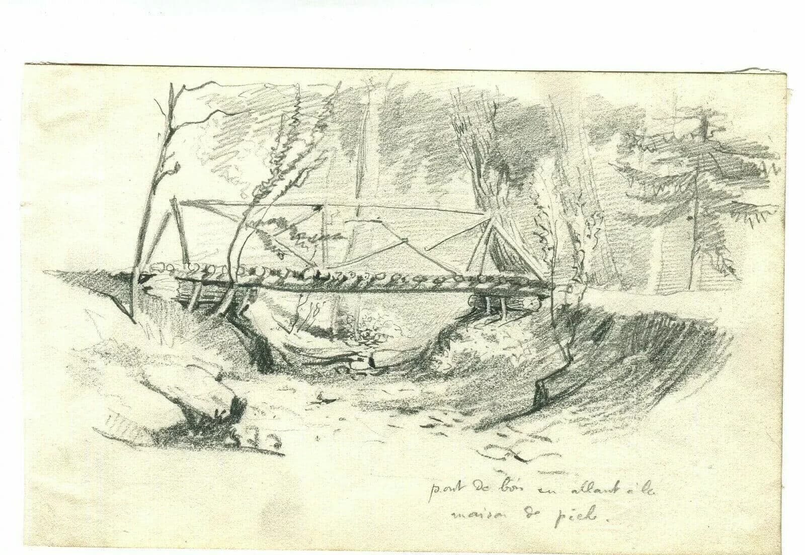 Antique Original Pencil Drawing Landscape, Bridge, Forest, Trees and River image 5