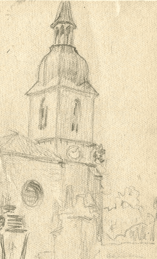 Antique Drawing Original signed Landscape, Village, Church, Neufchateau 1918 image 2