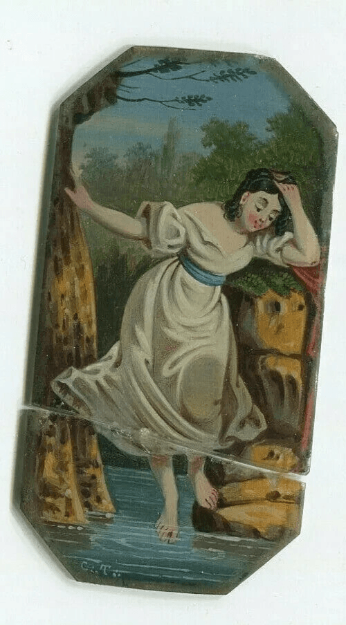 Antique Miniature Painting signed Genre Scene Woman Bathing by the Water