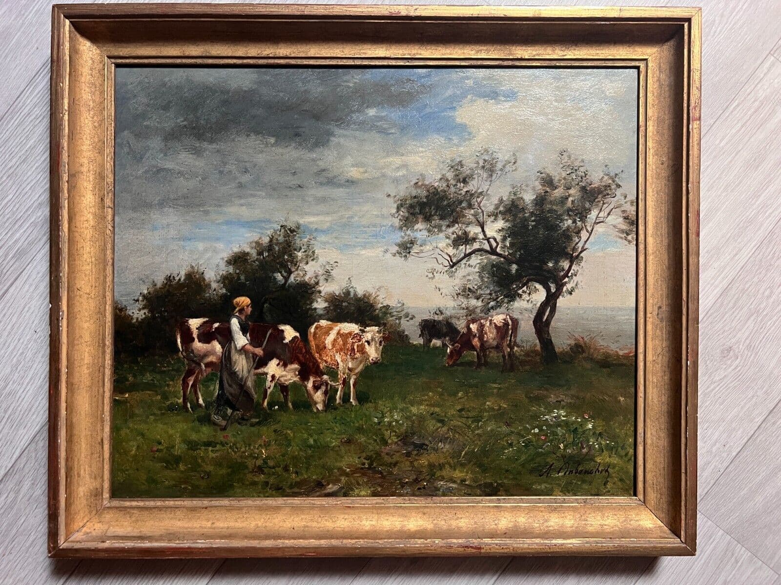 Antique Original Painting 19th century, Cows, Landscape, Farmer, Trees image 5