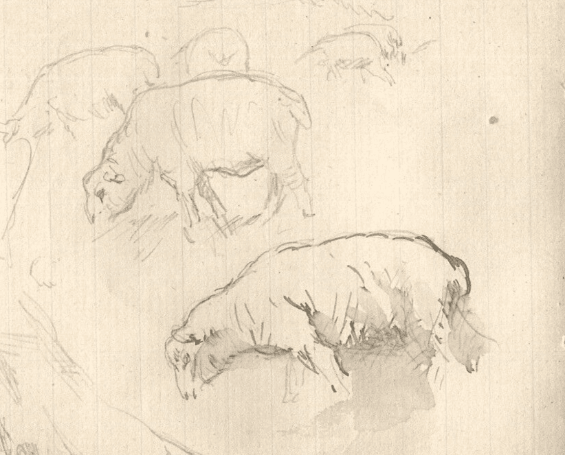 Vintage Ink Original Drawing Animals, Sheep, Cow, Stable image 1