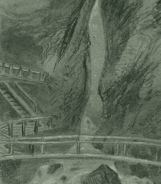 Antique Chacoral Drawing Landscape with Waterfall Sources from Grindlwald 1888 image 1