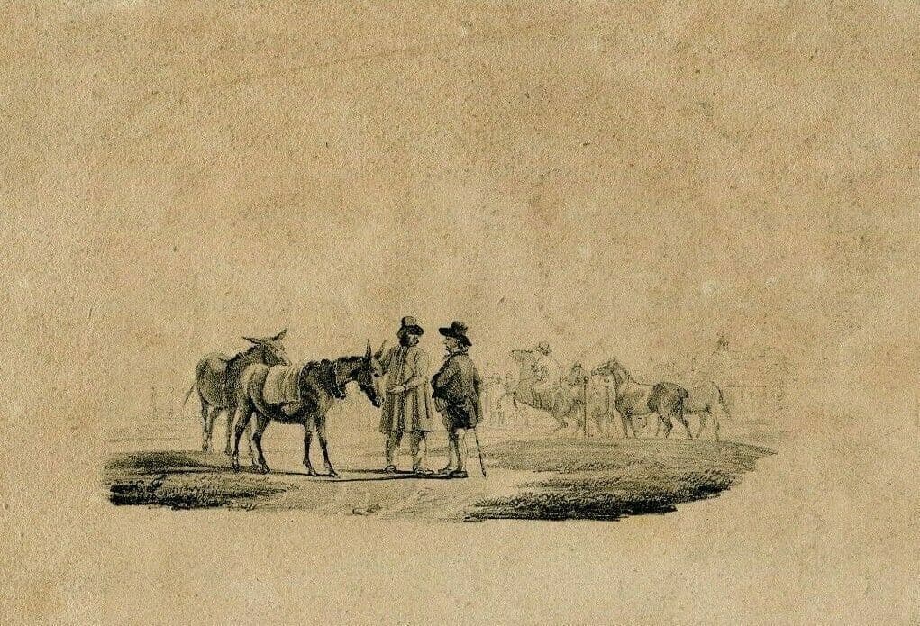 Antique Pencil Drawing 19th century of Horses and People image 1