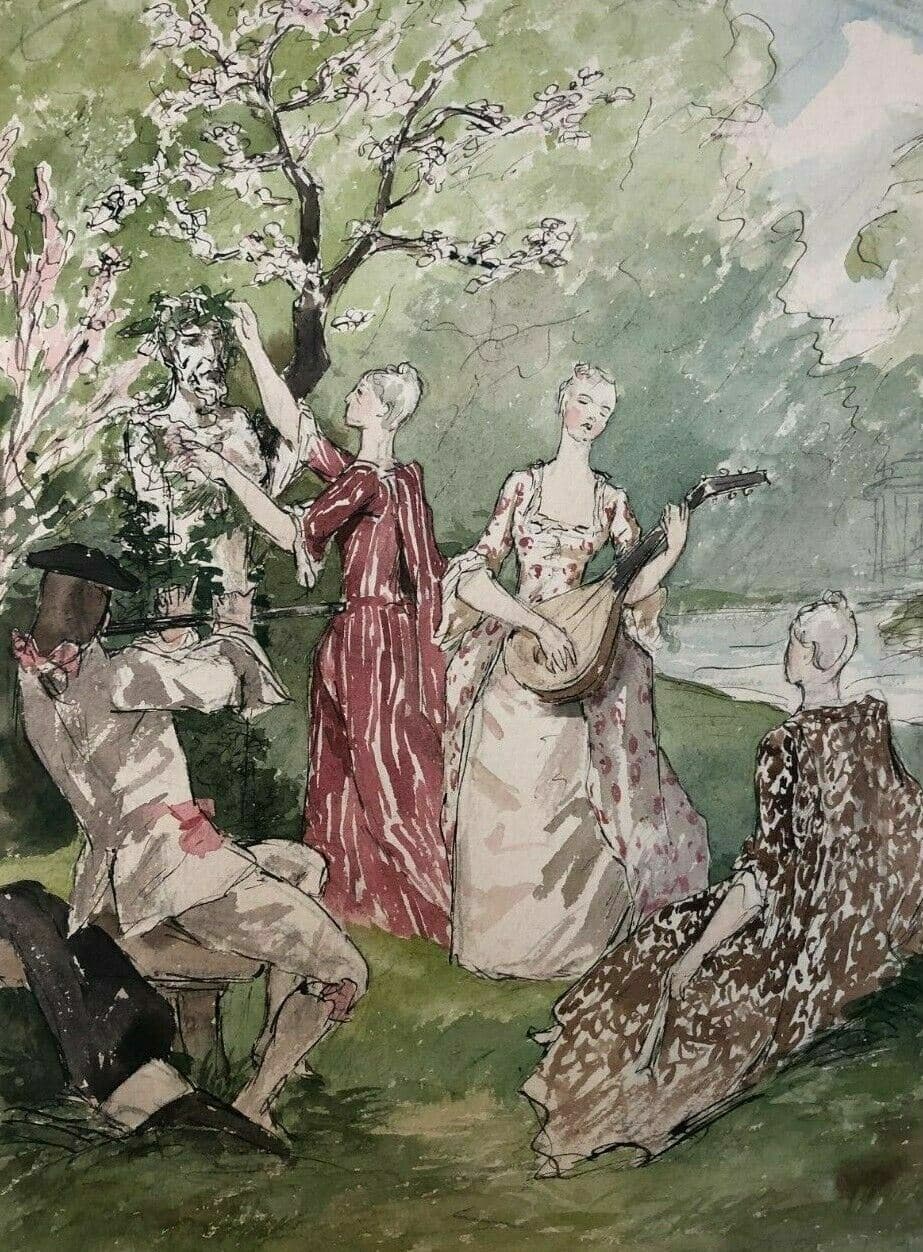 Vintage Drawing Original People, Women, Forest, Playing Musics image 1