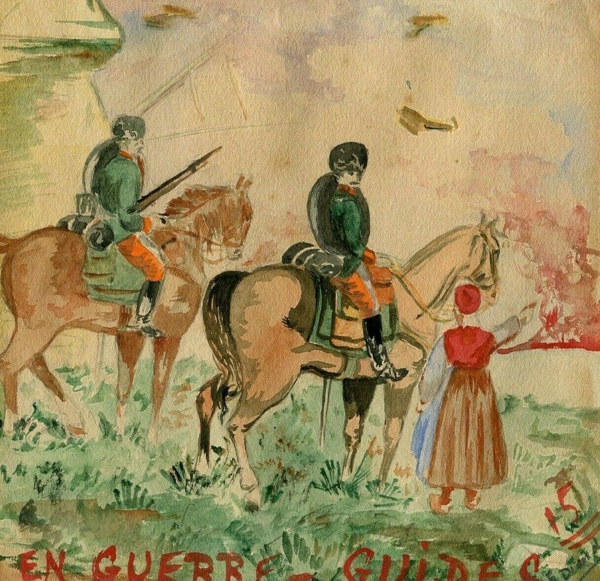 Vintage Original Drawing Military Scene, Soldiers on Horses image 1