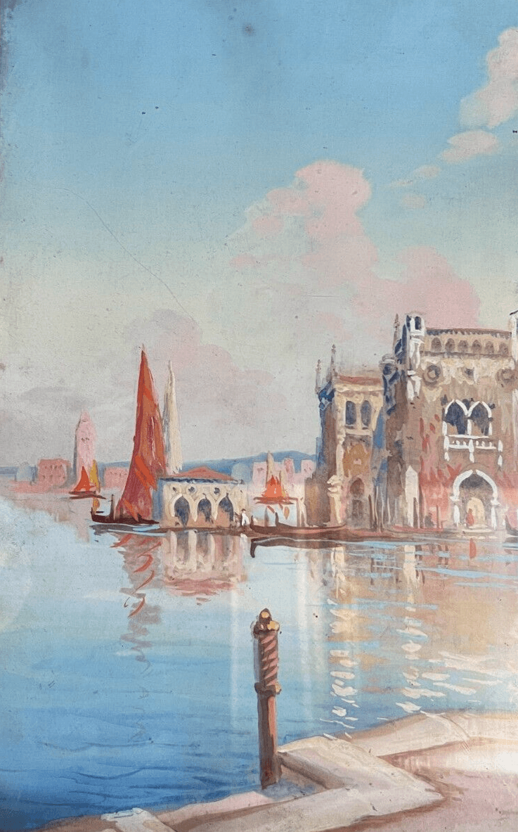 Antique Oil Painting Venice Cityview Landscape Building, Canal, Boat Framed