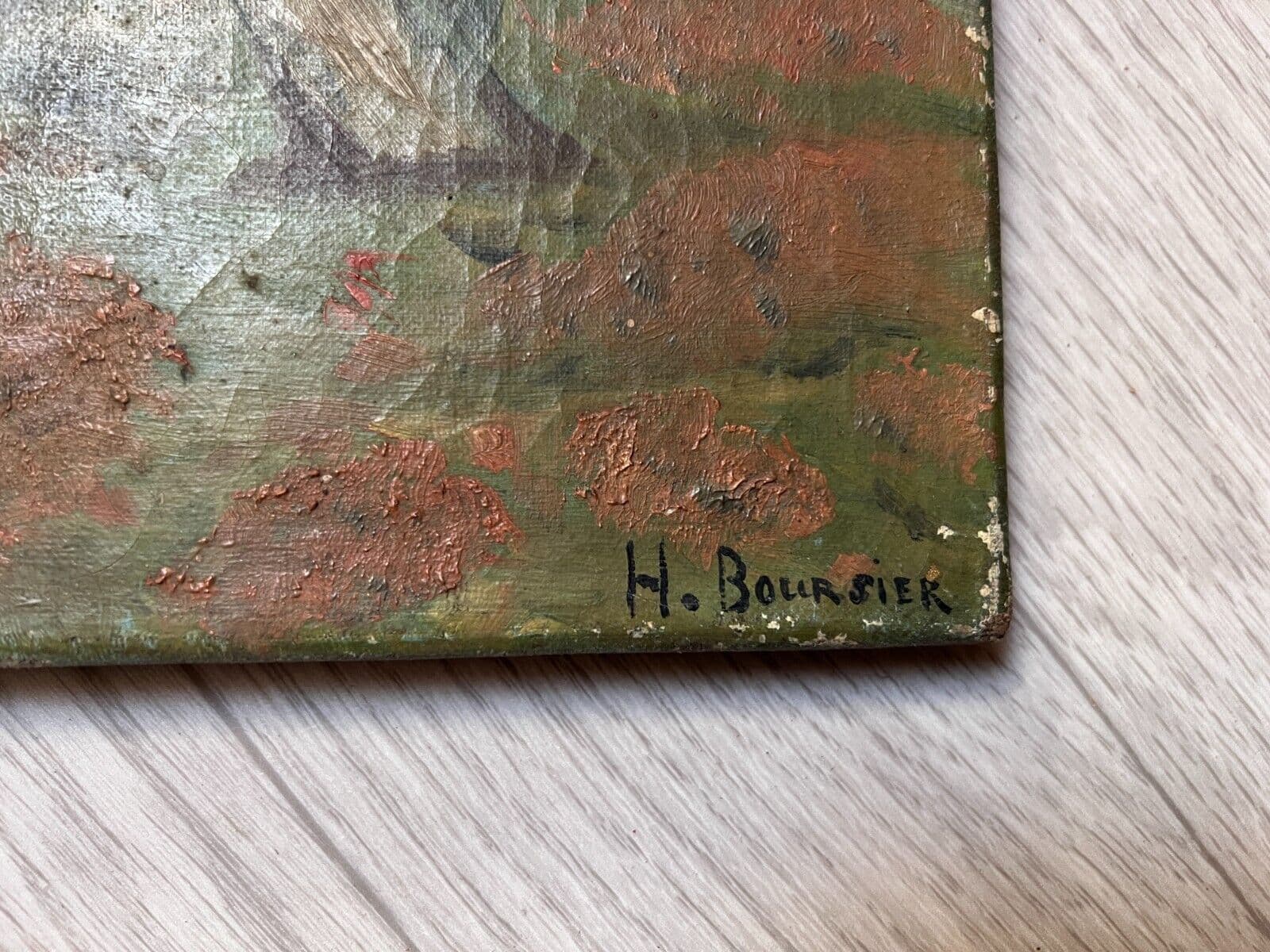 Antique Oil Painting Olivier BOURSIER (XX) Village Landscape, Trees image 4