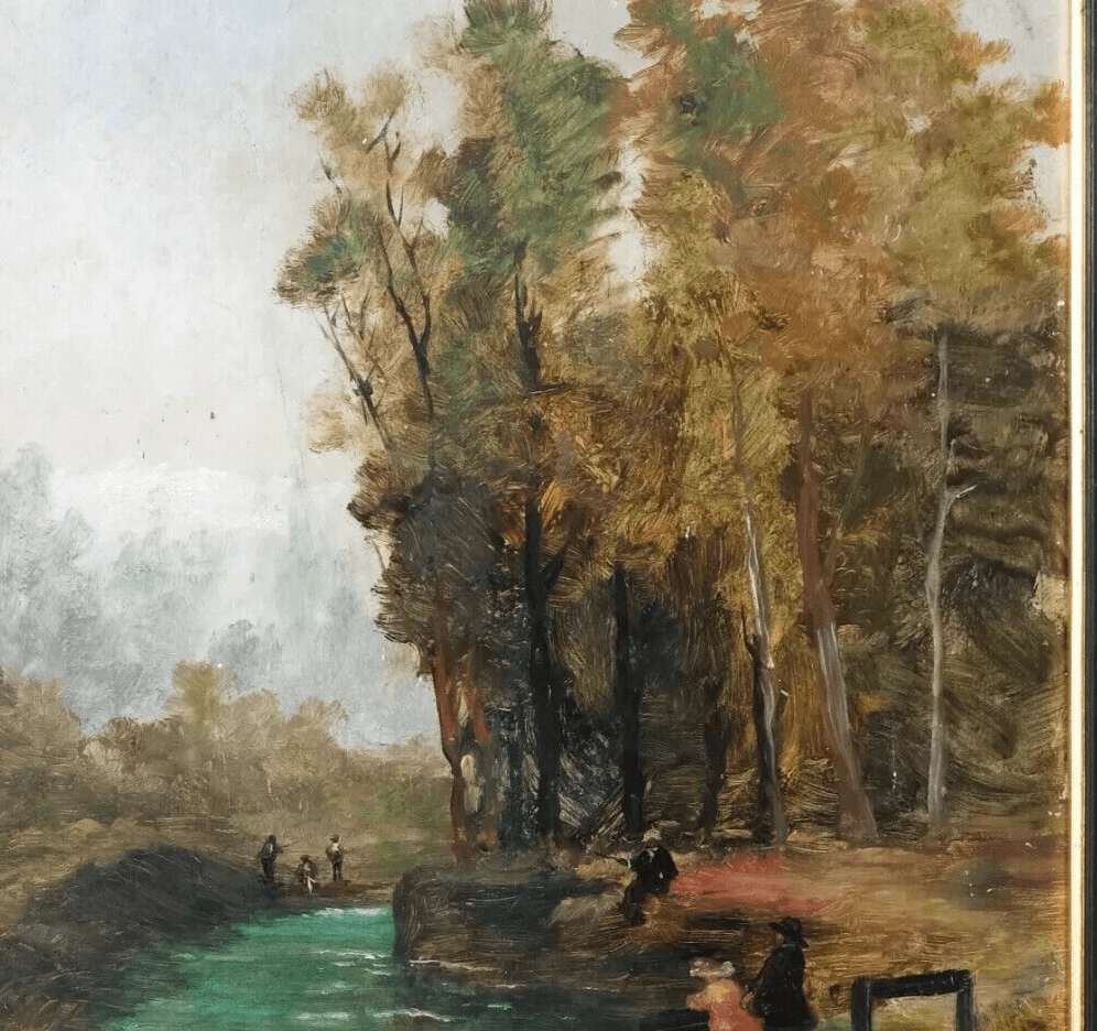 Antique Oil Painting Original Landscape, People on a Bridge Framed image 5
