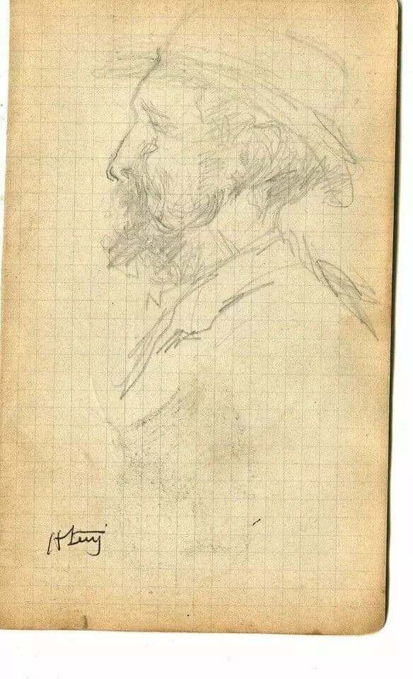 Antique Original Pencil Drawing signed Man Portait with Hat Artwork image 5
