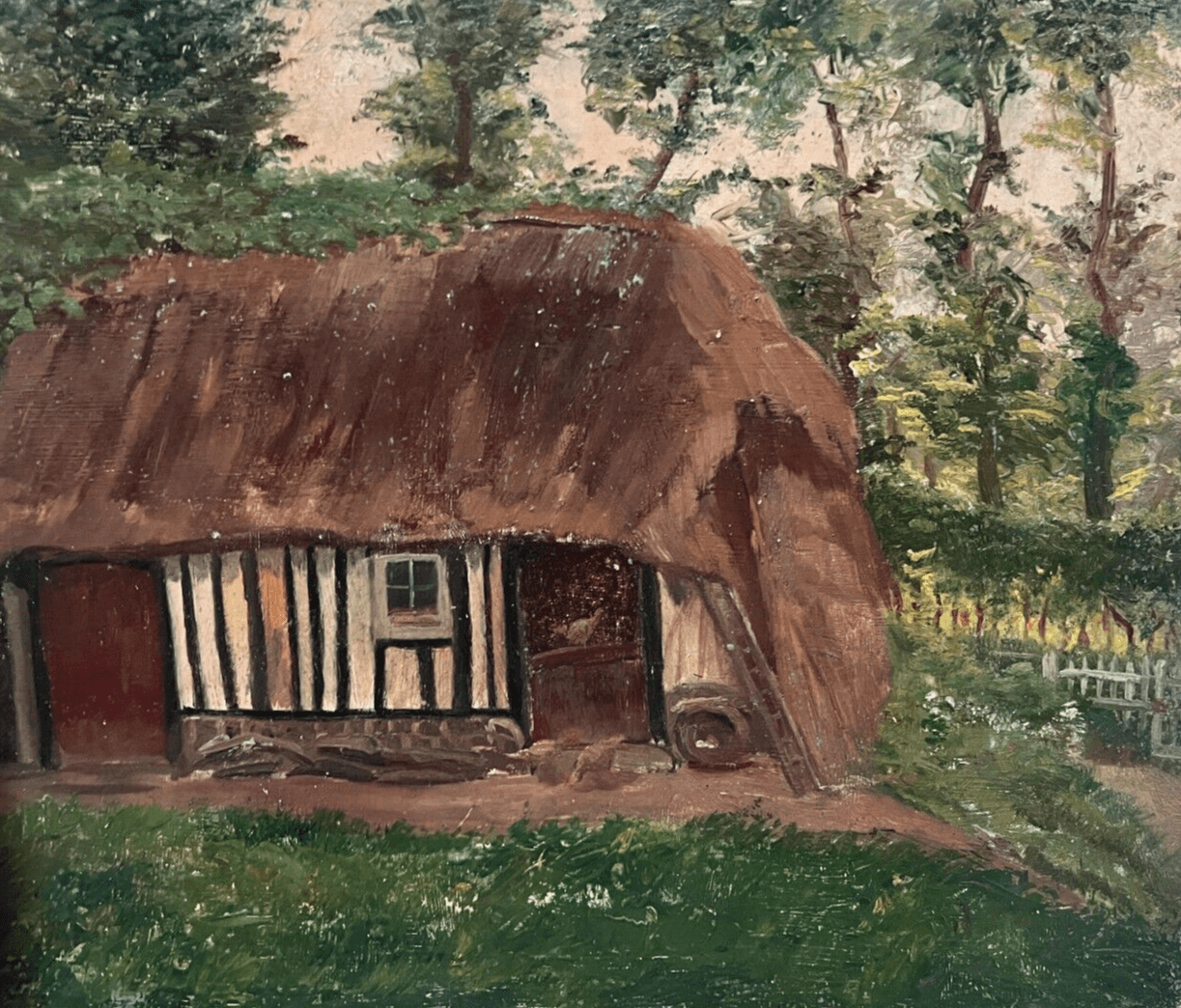 Antique Original Painting Landscape, House, Farm, Trees, Forest, Sennelier