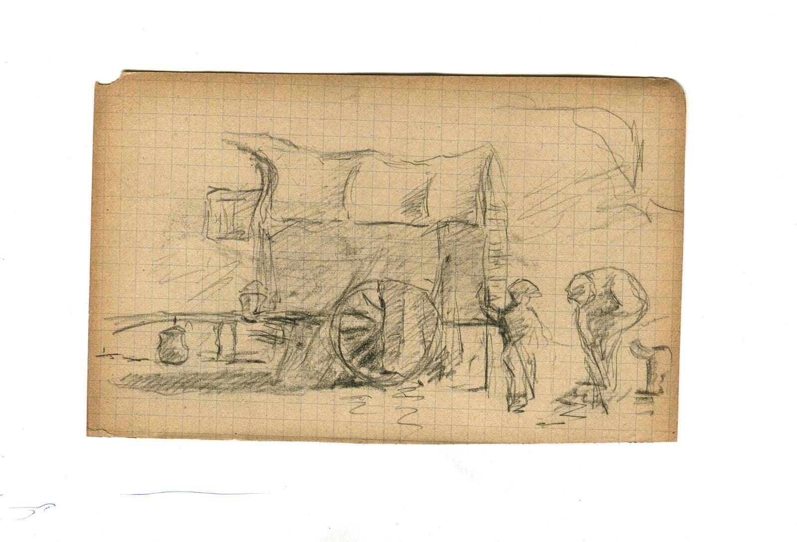 Antique Pencil Drawing Original signed Characters, Caravan, Genre Scene image 7
