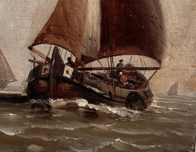 Antique Painting Original Landscape, Seaview, Boats, Seascape People signed image 3