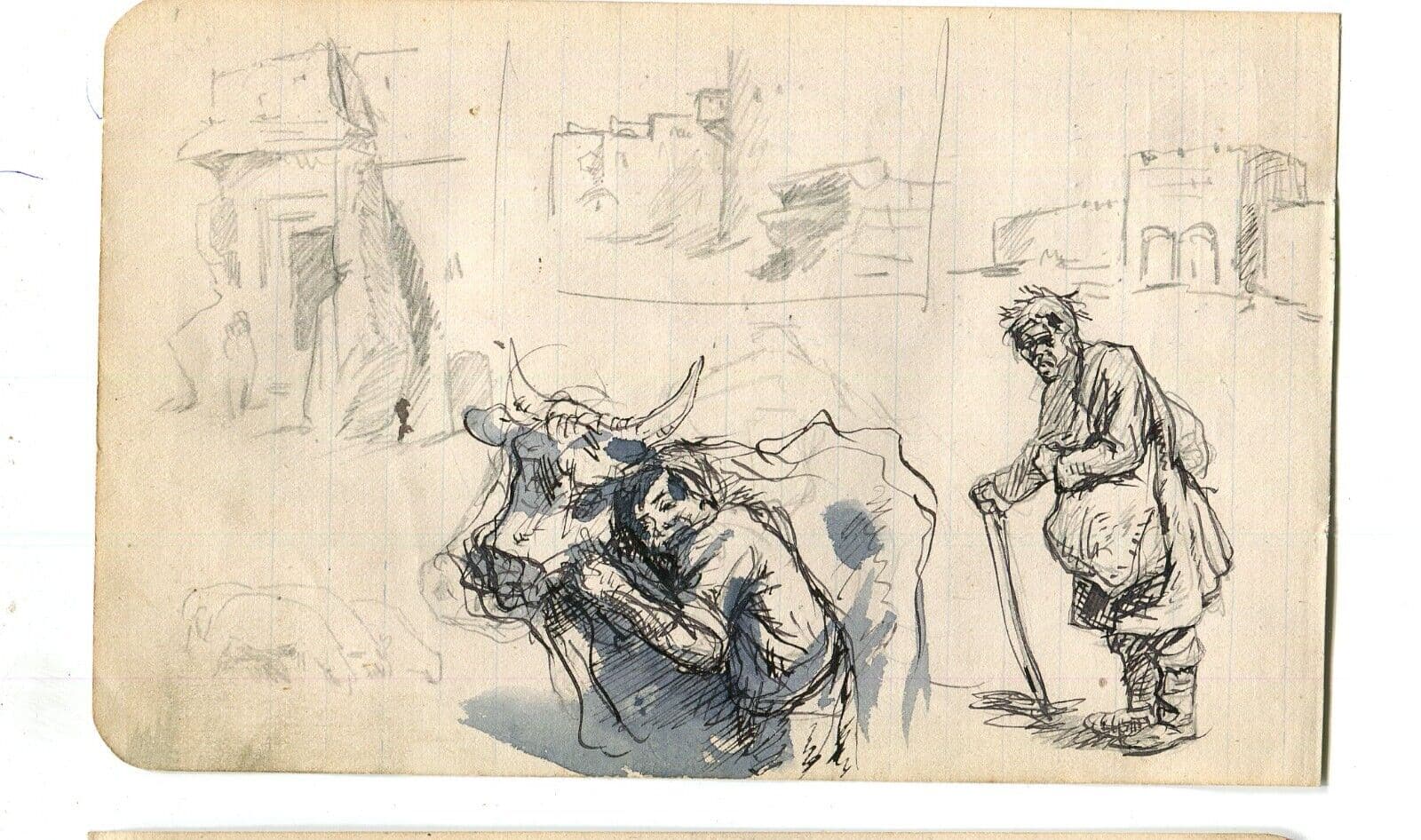Vintage Ink Original Drawing People, Cow, Genre Scene Artwork image 6