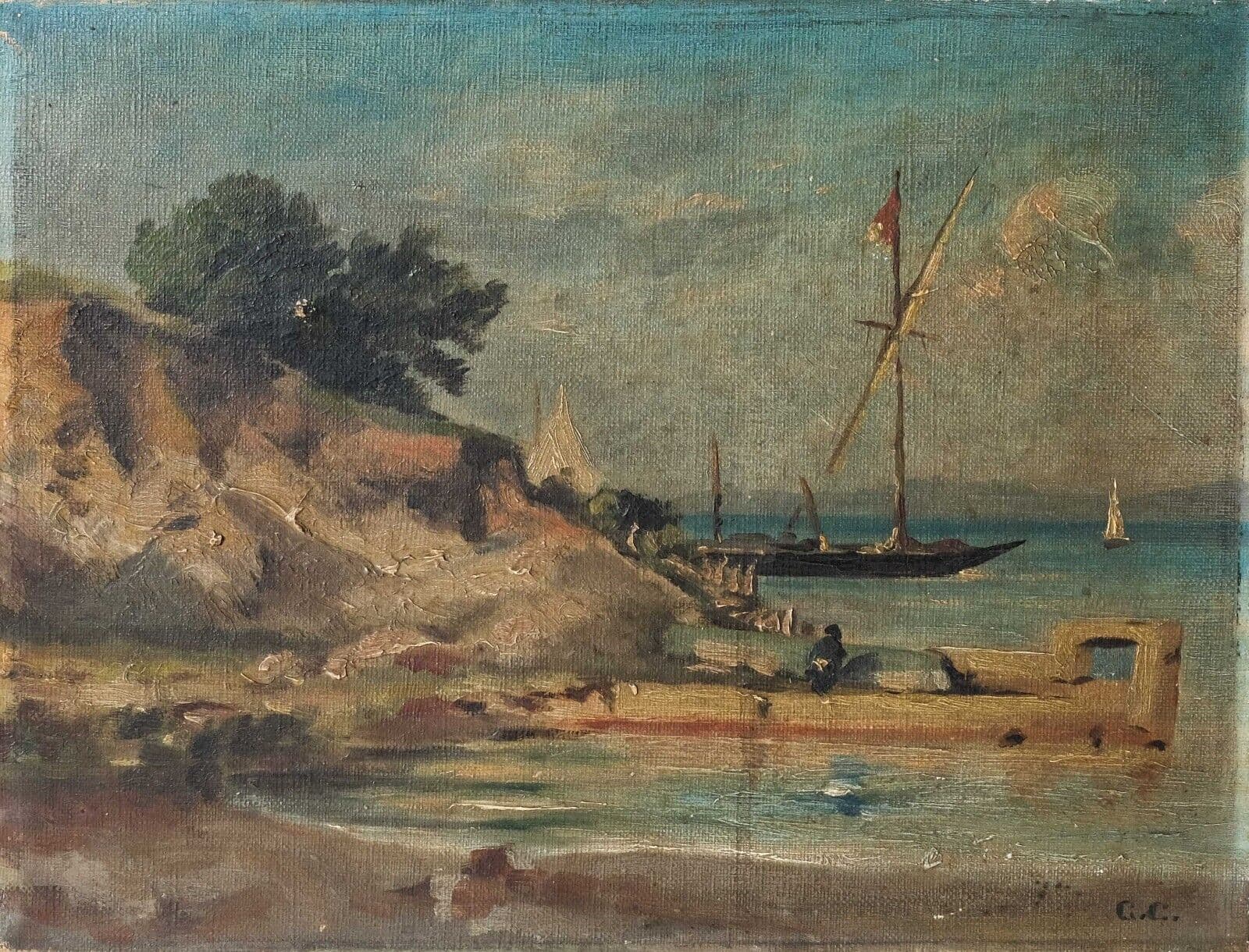 Painting Seascape View Maritime, Boat and People image 1
