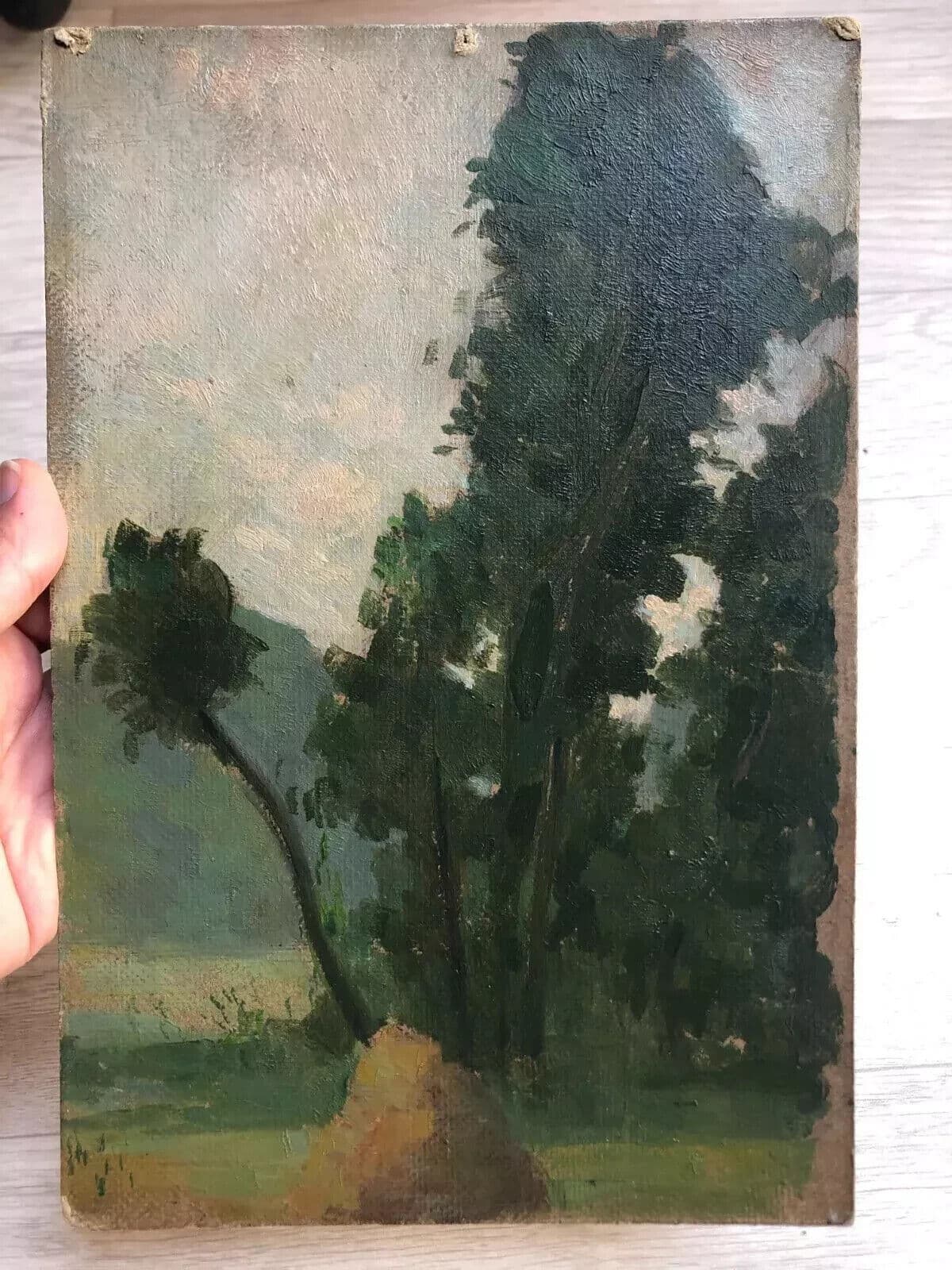 Antique Painting Original Landscape, Tree near a Pile of Hay 1905 image 7