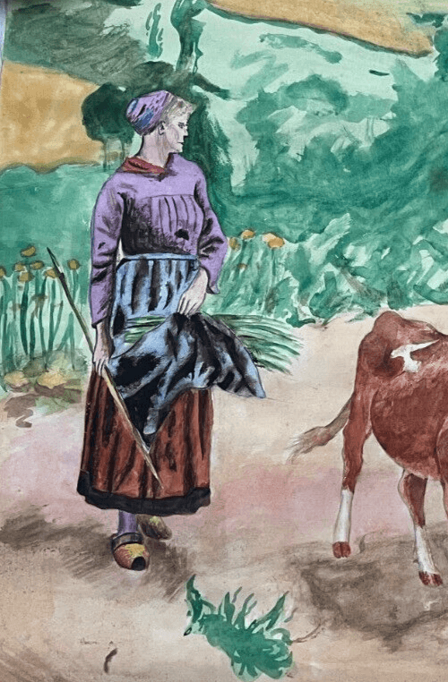 Antique Original Drawing Portrait, Woman, Fields, Working Life Scene image 3