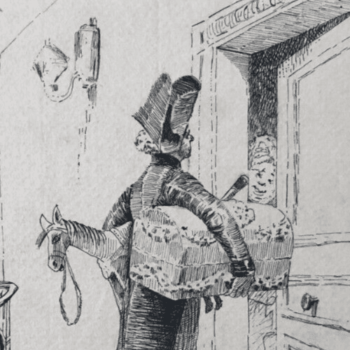Antique Old Ink Drawing Illustration Original Toy Vendor, Figure, Horse image 2