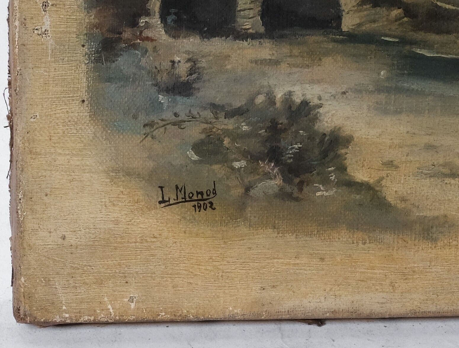 Antique Oil Painting Signed MONOD (1867-1957) Landscape, Bridge, Village image 6