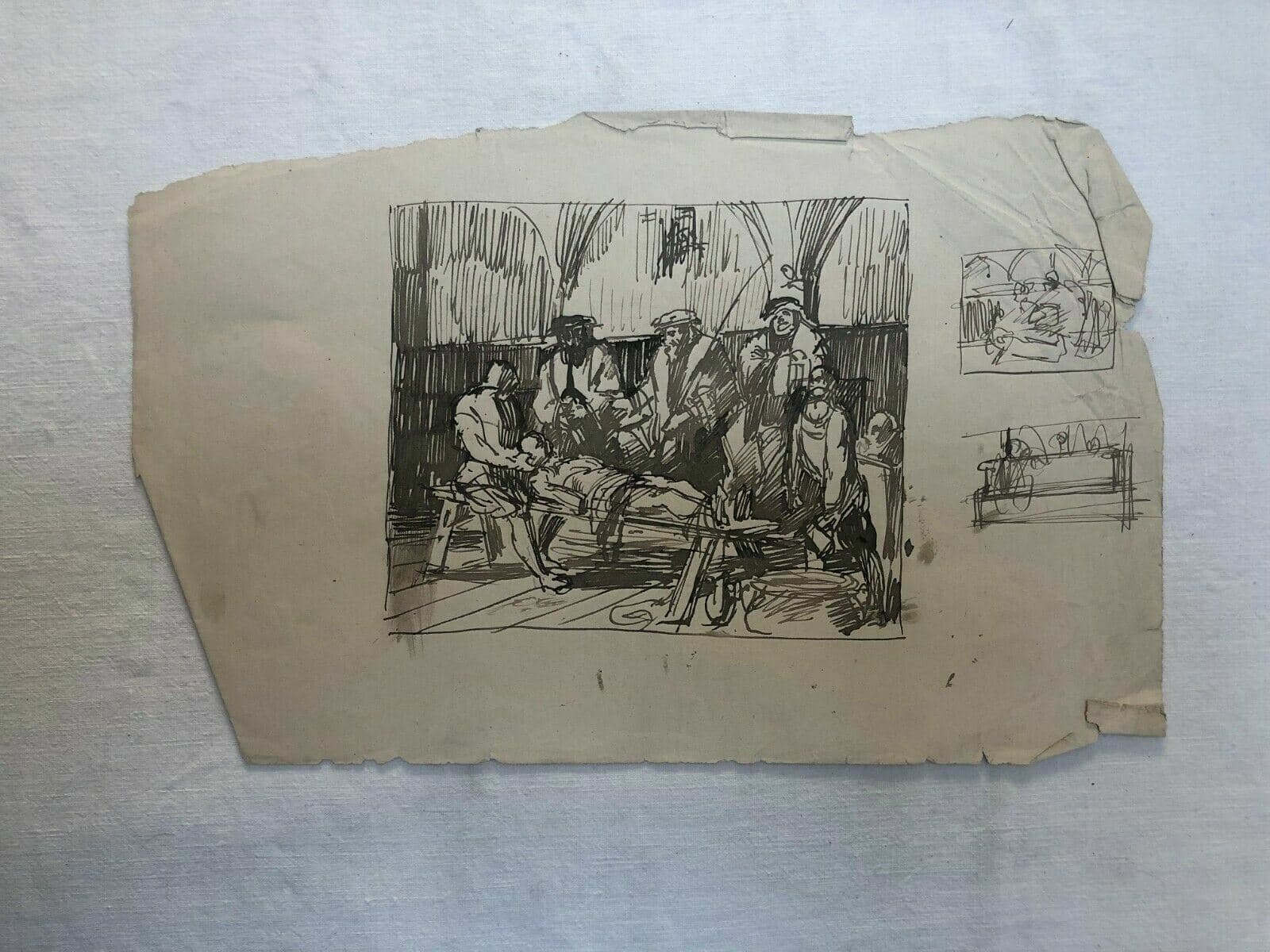 Antique Ink Drawing Original Consulat Men, Dead Body image 2