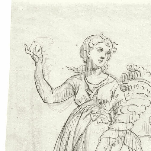 Antique Ink Original Drawing 19th century Woman Sculpture Goddess Ceres image 2