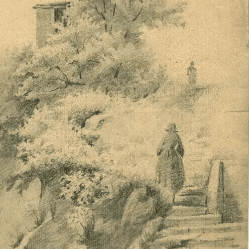 Vintage Pencil Original Drawing House, Trees, Landscape, People image 2
