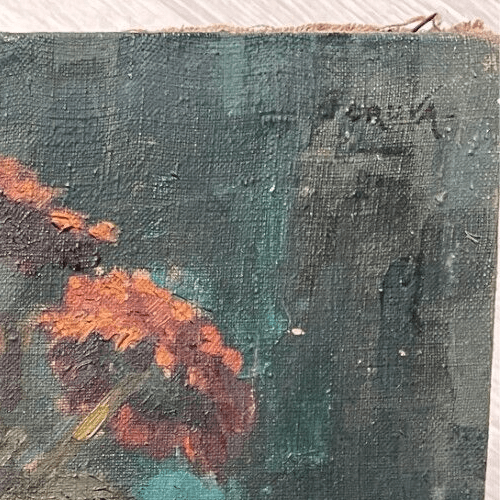 Antique Oil Painting Original Still Life, Flowers, Vase signed image 3