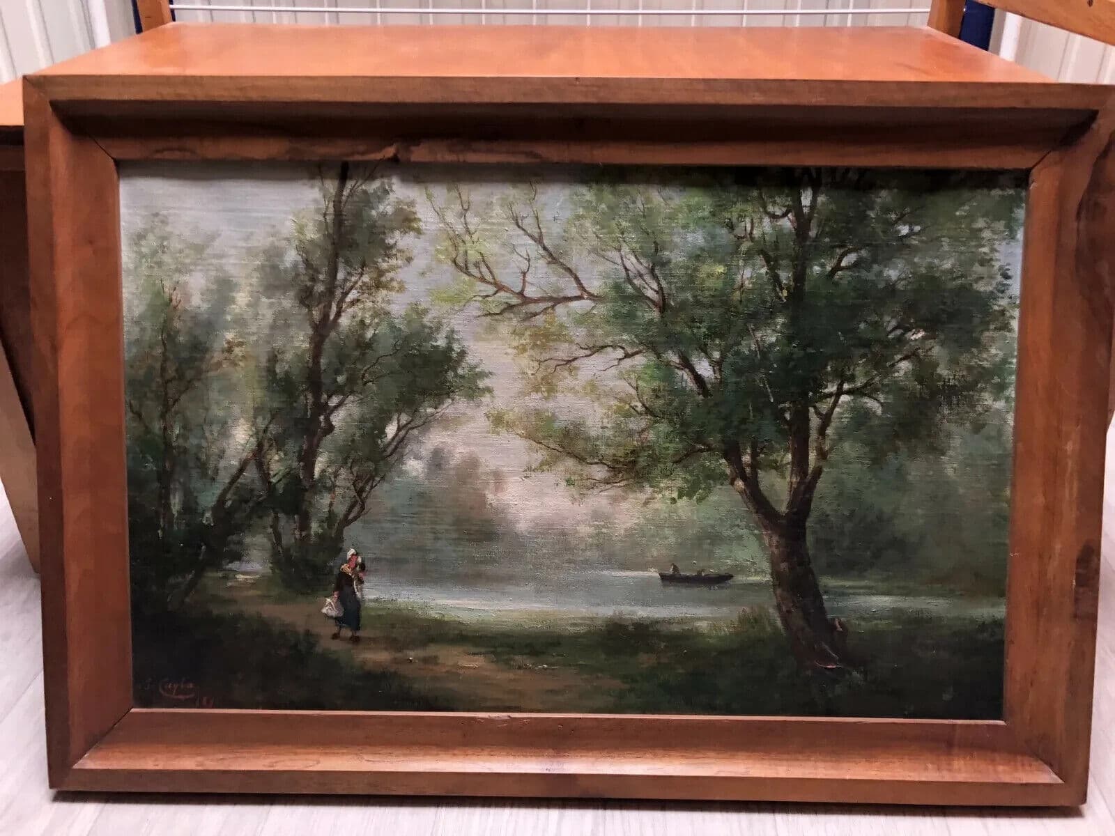 Antique Original Painting signed Jules CAYLA Landscape Barbizon, People image 2