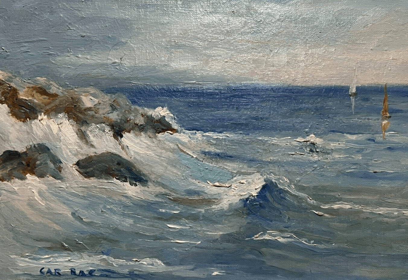 Antique Original Painting Landscape, Maritime, Boats, Sea, Waves signed image 1