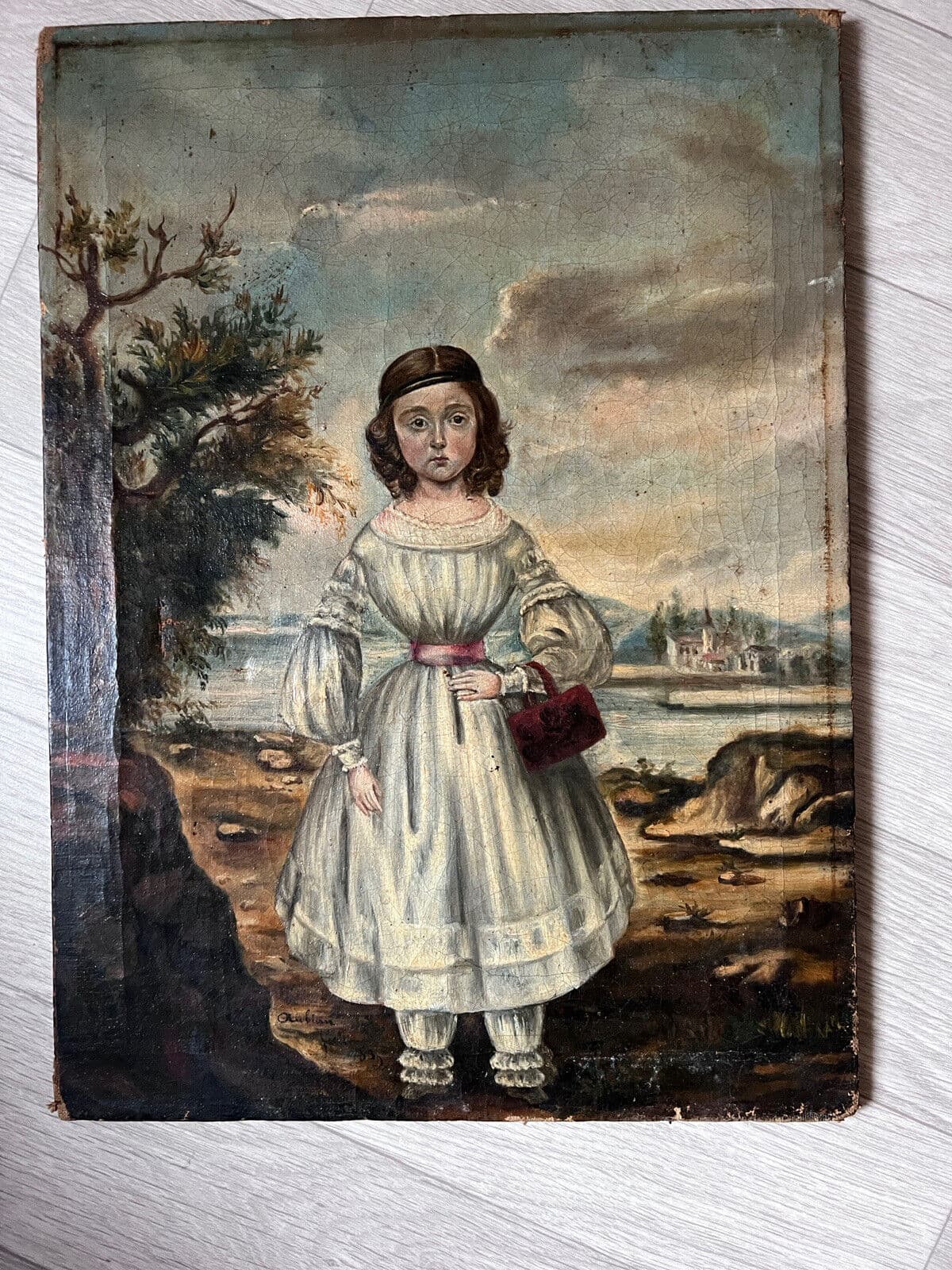 Painting Young Girl Portrait with Bag in Landscape 1839 Signed AUBIN image 1