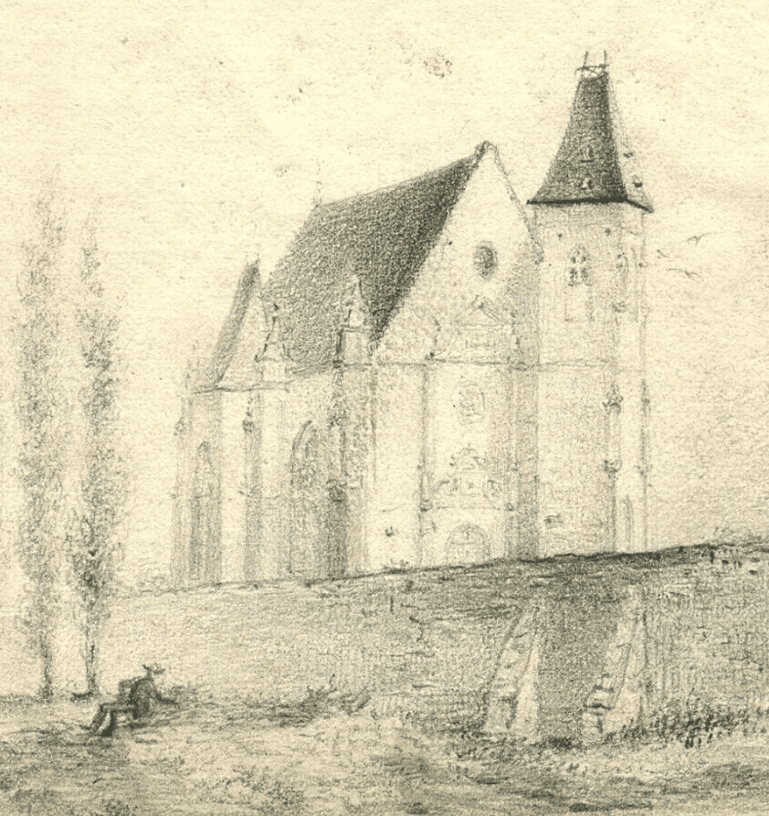 Antique Pencil Original Drawing 19th century Loigny Landscape, Church, People image 1