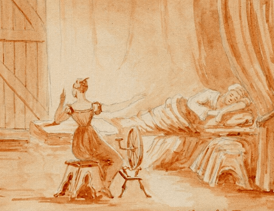 Antique Drawing Original People Man in Bed and Spinner image 1